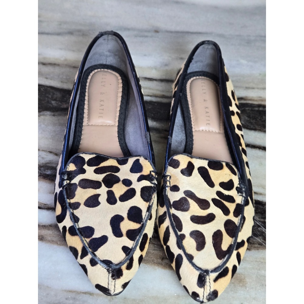 Kelly & Katie Womens Leopard Calf Hair Pointed Toe Loafers Flats Tan Black 6M